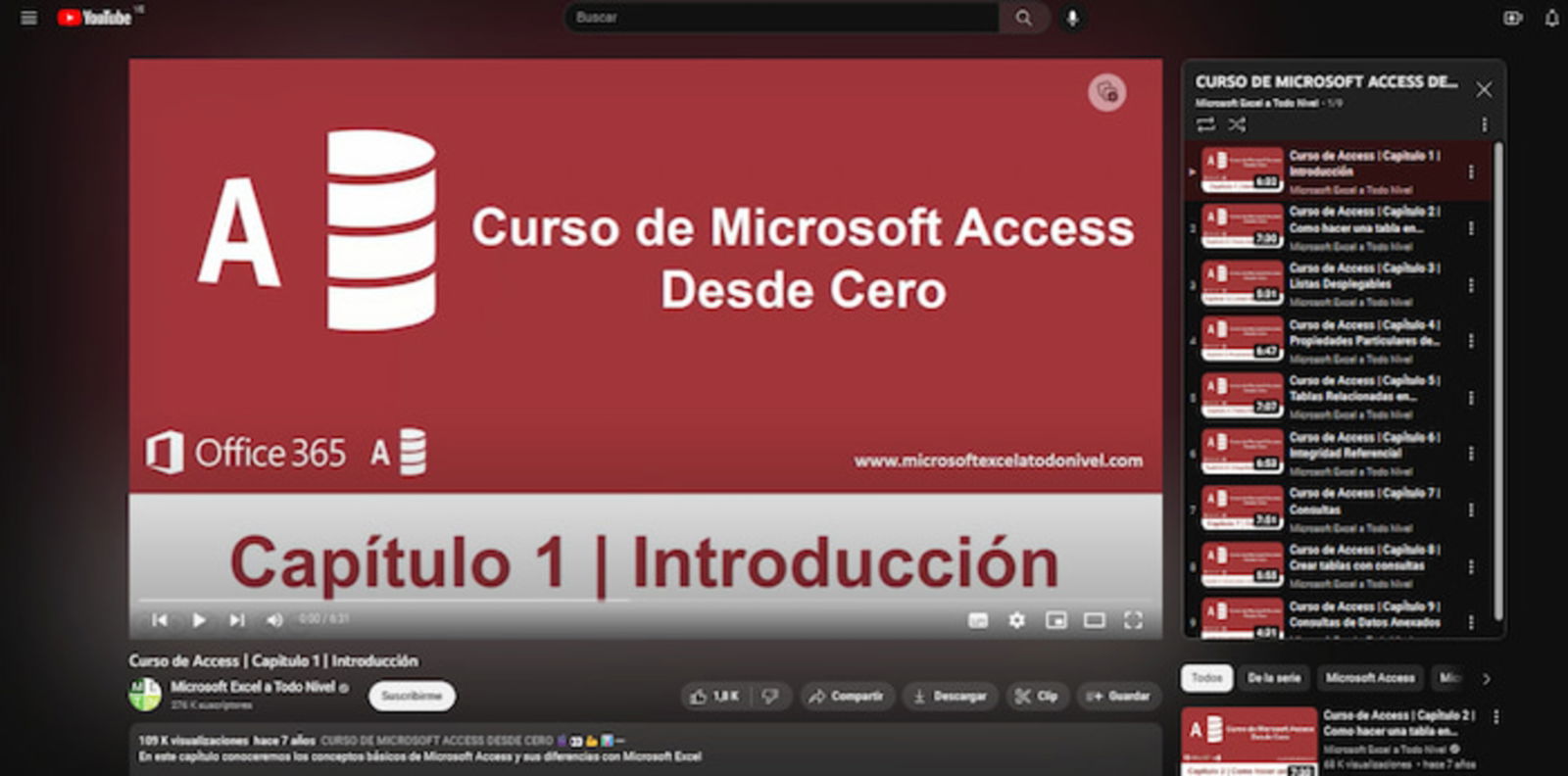 Este es un curso para aprender a usar Microsoft Access para elaborar bases de datos que está disponible de forma gratuita en YouTube