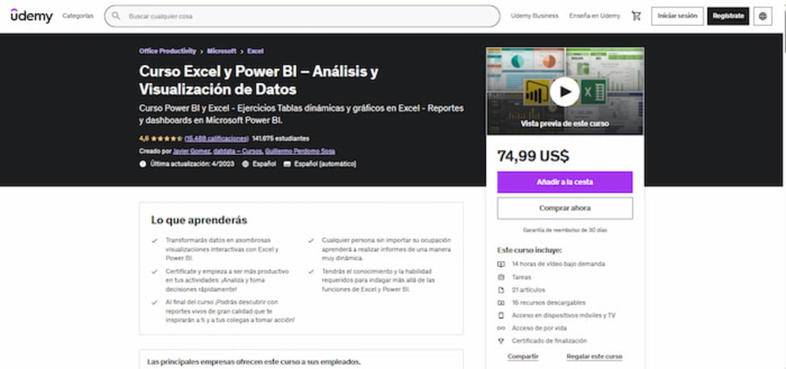 Para enseñarte Power BI; este curso te ofrece muchos ejercicios de tablas dinámicas y gráficos de Excel para que sepas cómo crear reportes