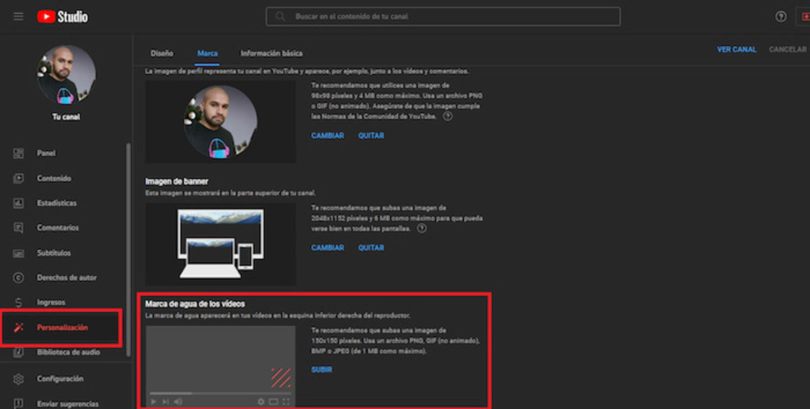 A través de YouTube Studio podrás añadir la marca de agua a todos tus vídeos