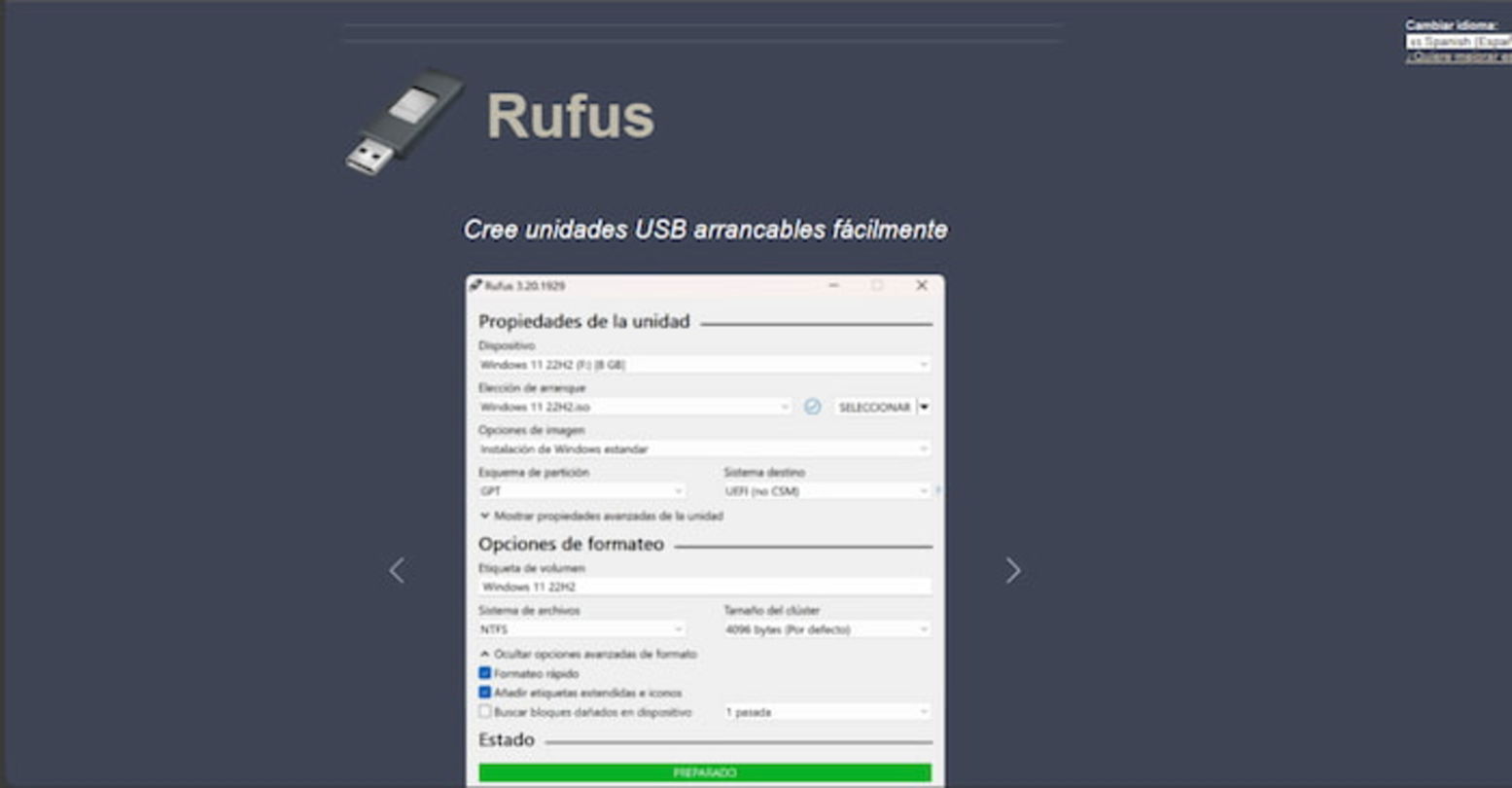 Debes usar Rufus para crear una unidad de arranque USB con la ISO de Linux