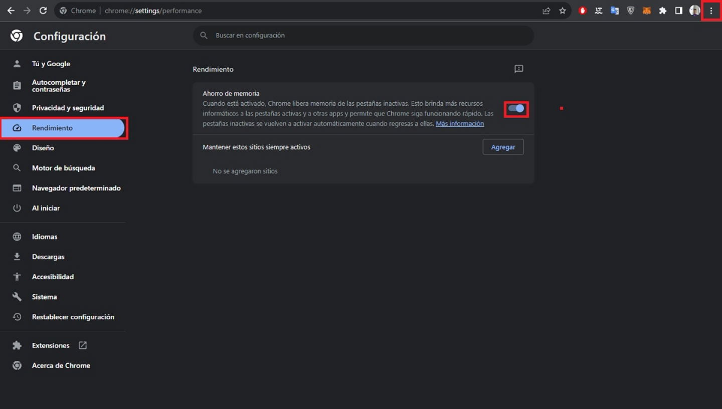 Paso a paso para activar el ahorro de memoria en Chrome