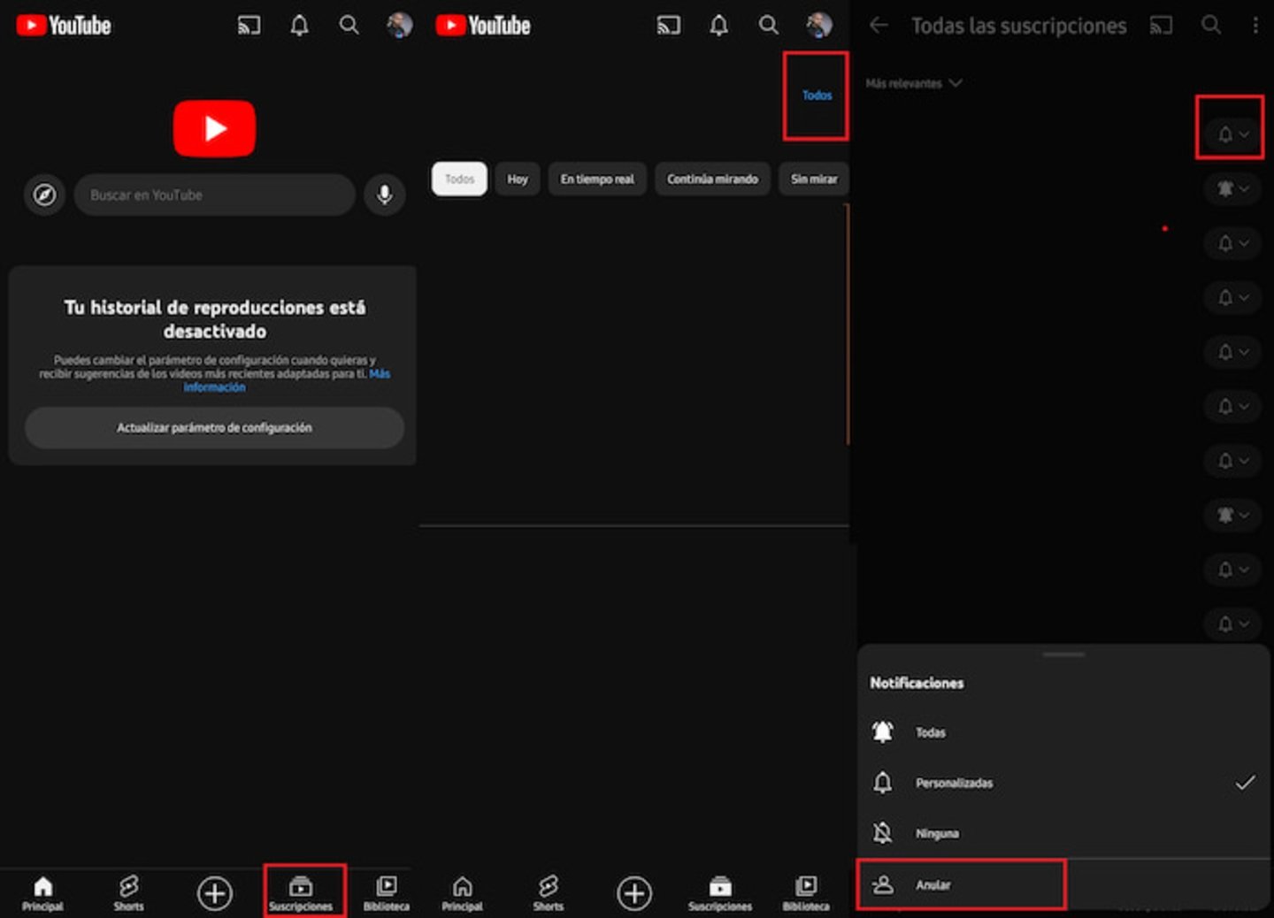 Si usas YouTube desde la app móvil, también puedes eliminar las suscripciones de forma sencilla