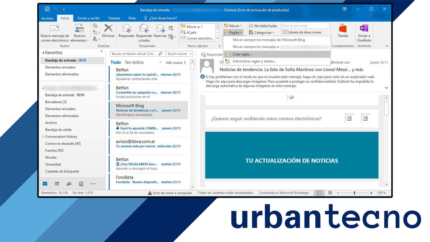 Crear una regla en Outlook