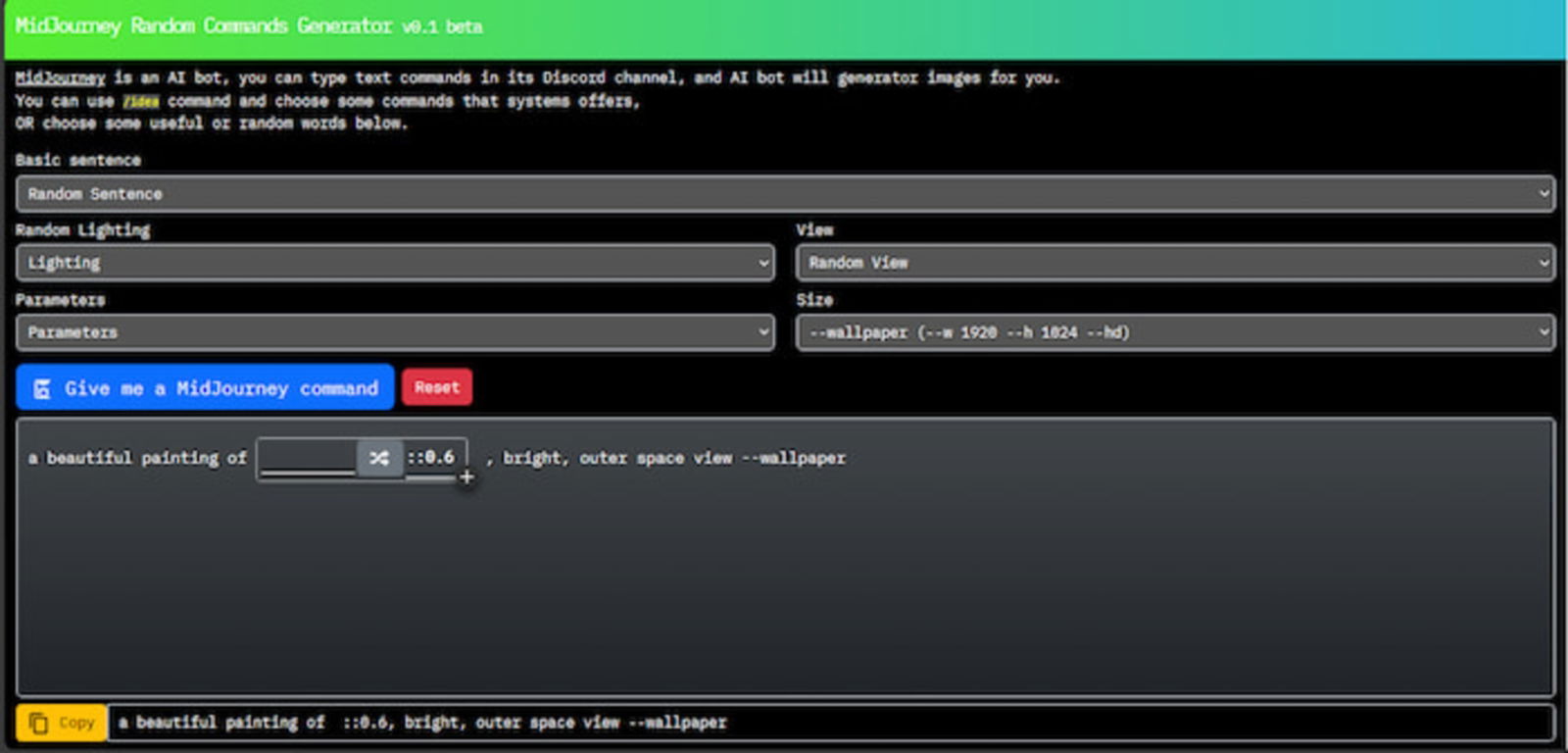 MidJourney Random Prompt Generator es una plataforma que destaca por crear todo tipo de alocados comandos para Midjourney y que son bastante al azar