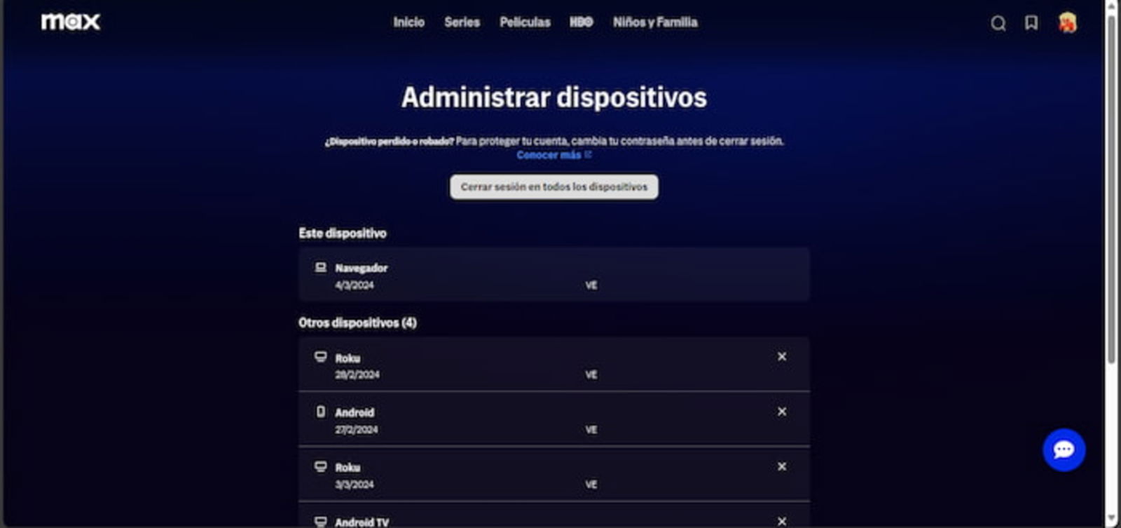 La versión web de Max te permite administrar los dispositivos vinculados y eliminar los que quieras