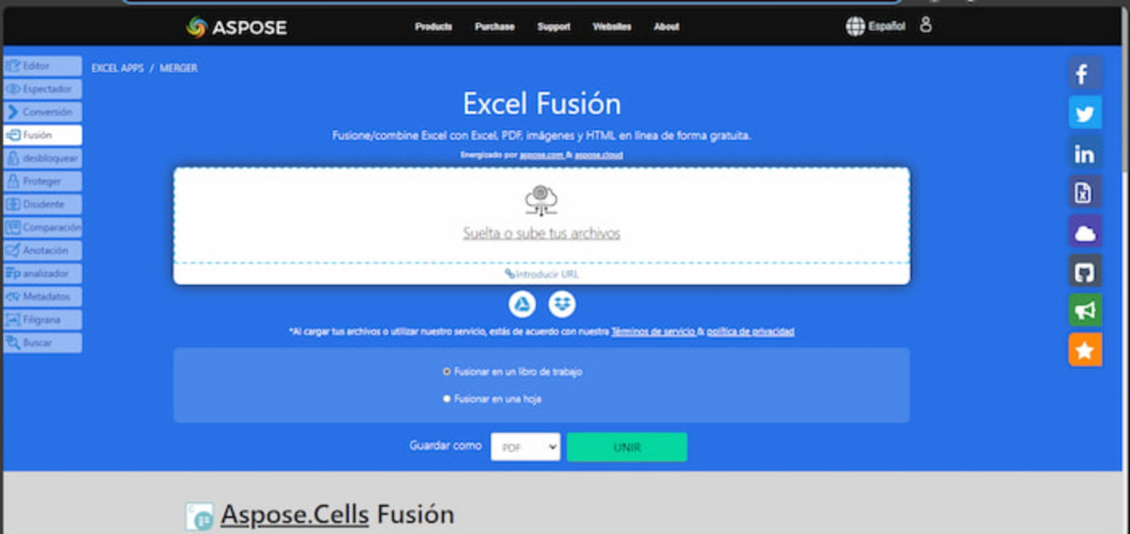 ASPOSE es una de las mejores webs para editar todo tipo de documentos, incluyendo la posibilidad de unir varias hojas de Excel