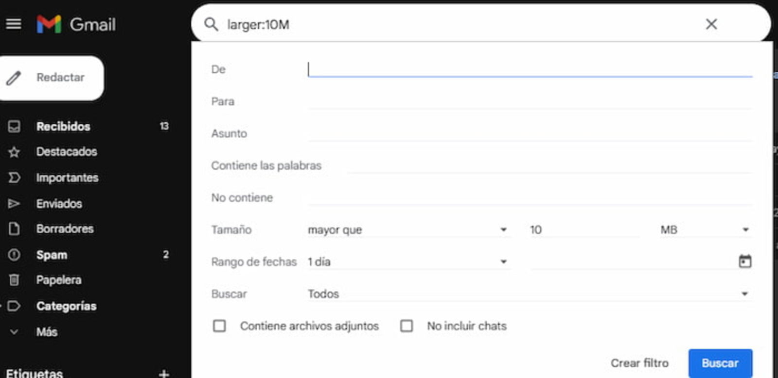 Puedes filtrar los correos de Gmail por peso para borrar los que más espacio ocupan