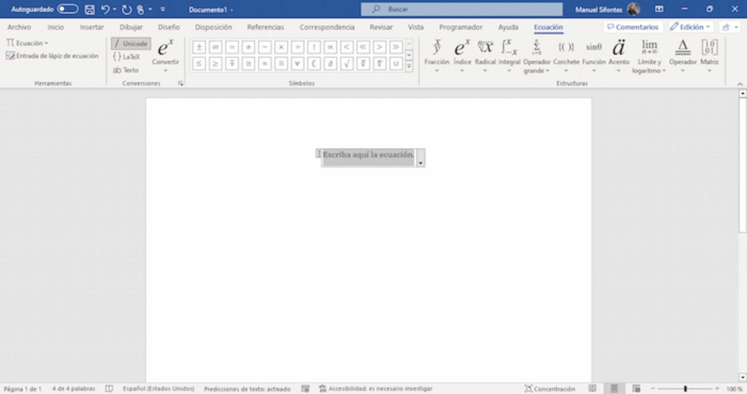 Word también permite introducir ecuaciones matemáticas, aunque tendrás que crearlas desde cero