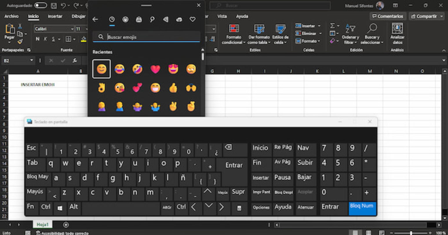 El teclado en pantalla puede ser un gran aliado para añadir emojis en celdas de Excel