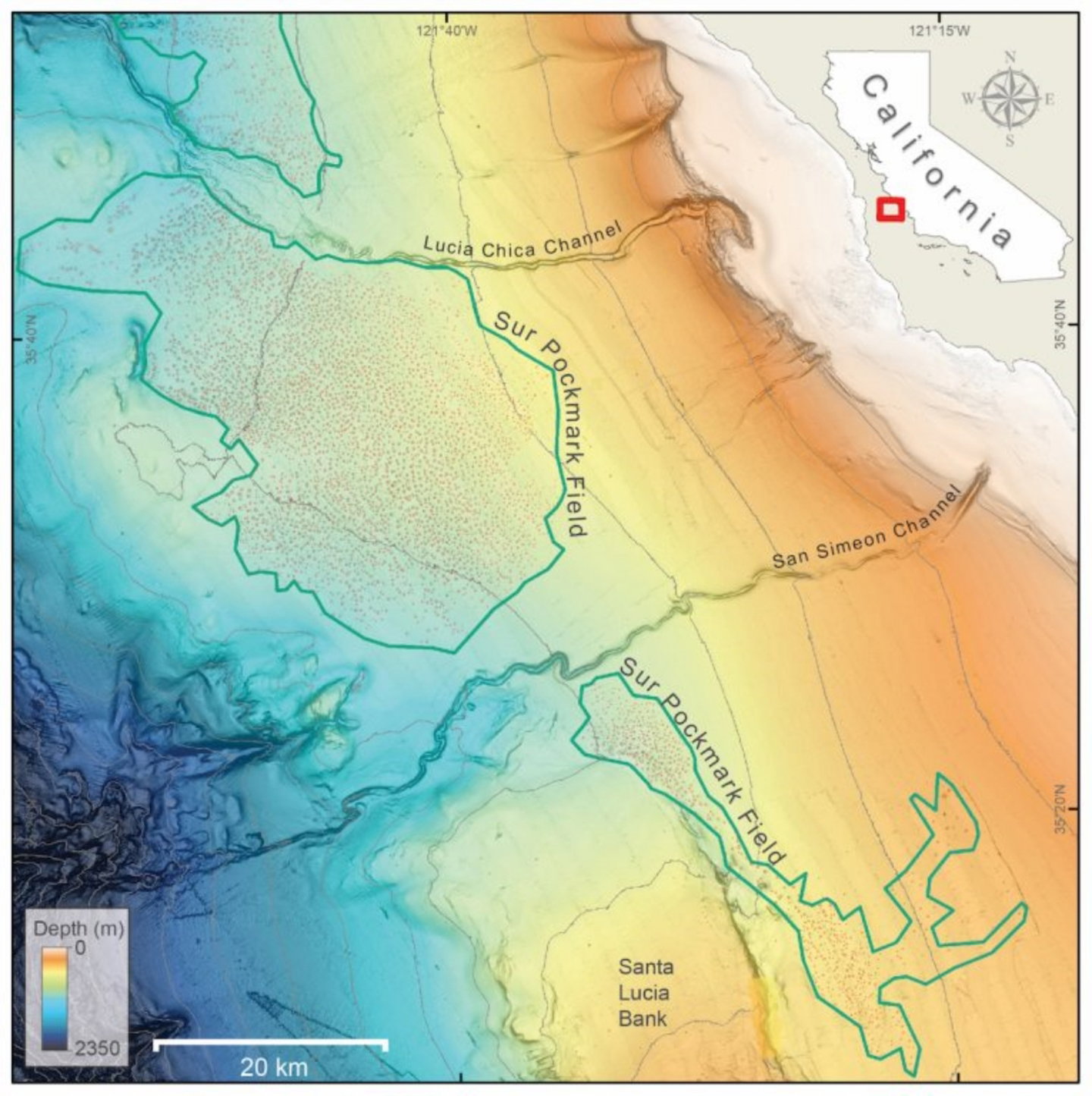 Imagen donde se muestra la localización de la zona de depresiones submarinas conocida como Sur Pockmark Field
