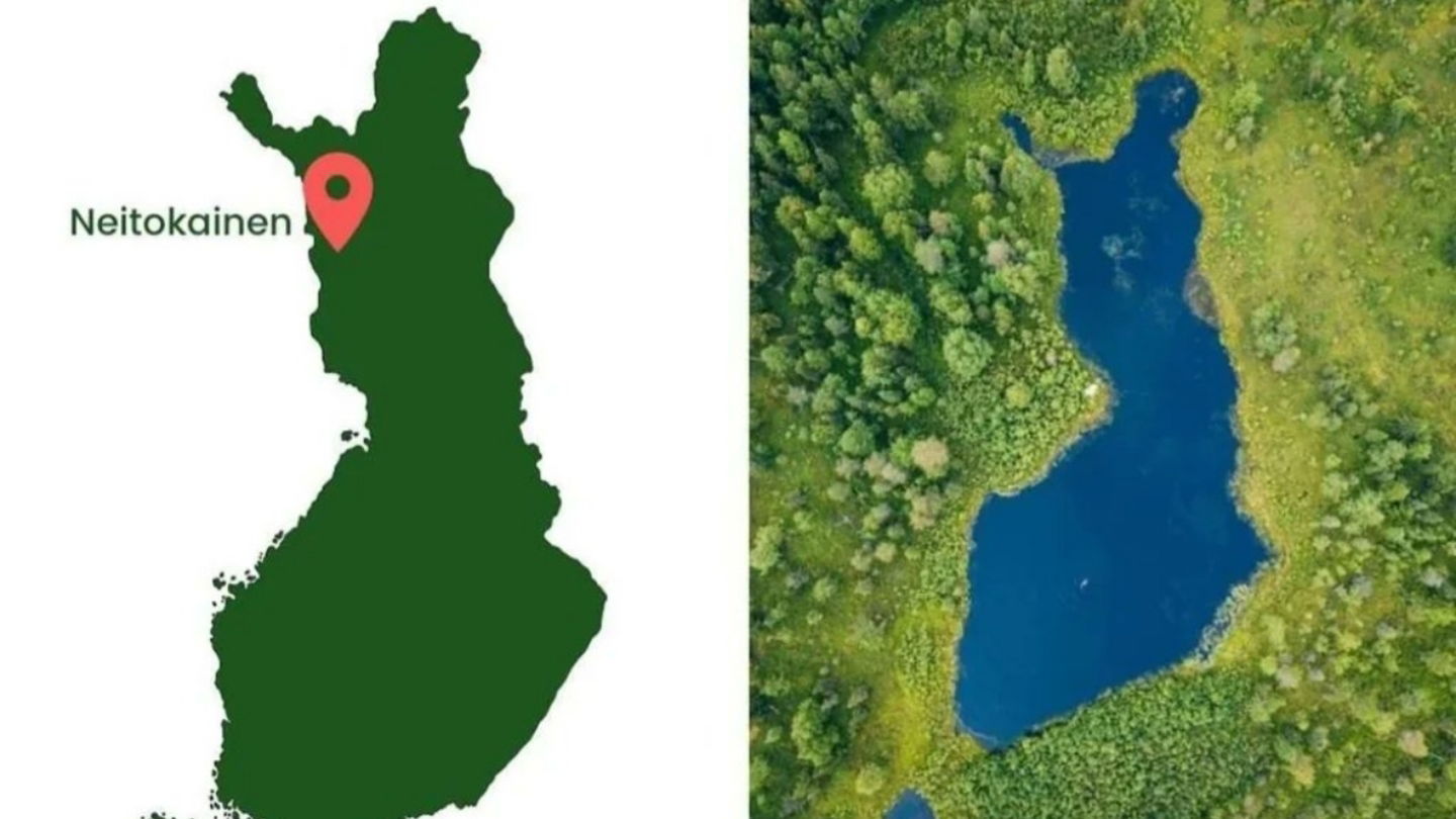 Imagen que compara el lago Neitokainen con la silueta de Finlandia