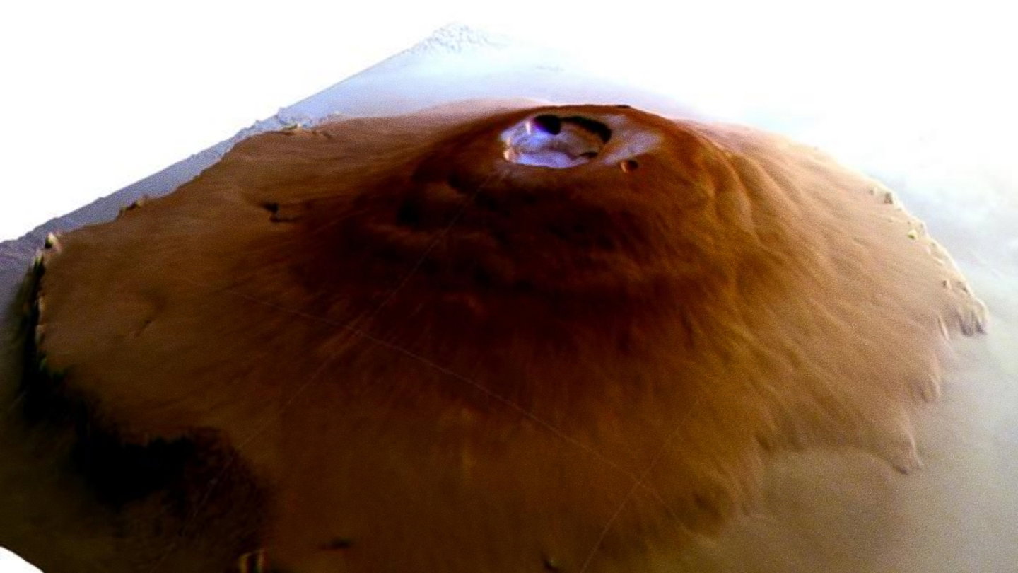 Perspectiva oblicua del volcán Olympus Mons y el hielo hallado en su parte superior