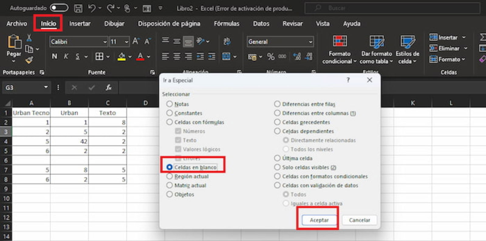 Si estás trabajando con celdas dentro de un cuadro, entonces puedes seleccionar automáticamente las vacías y borrarlas