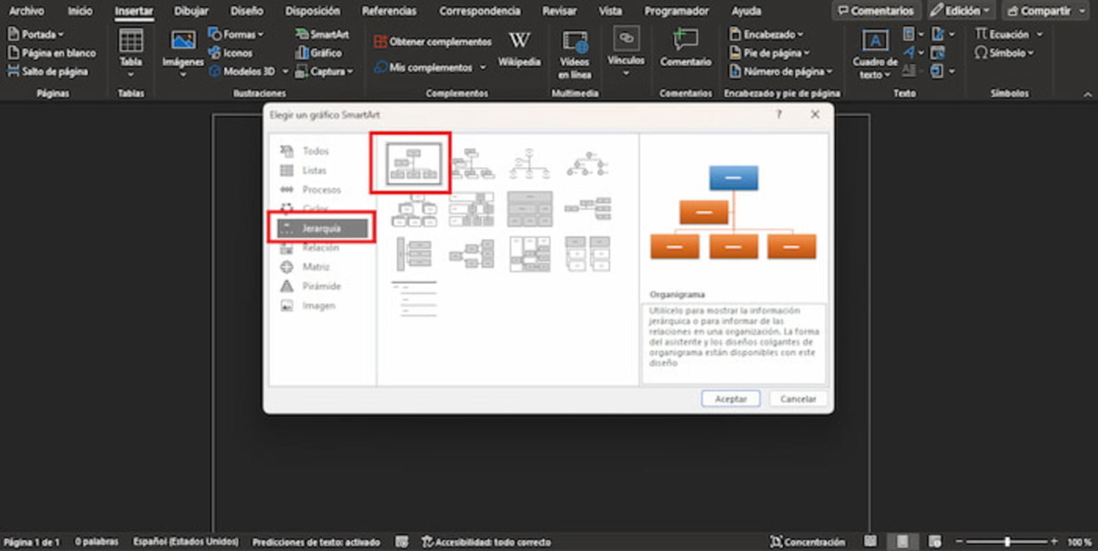 Ahora, debes insertar el tipo de gráfico inteligente que necesites. Puedes mirar las categorías disponibles