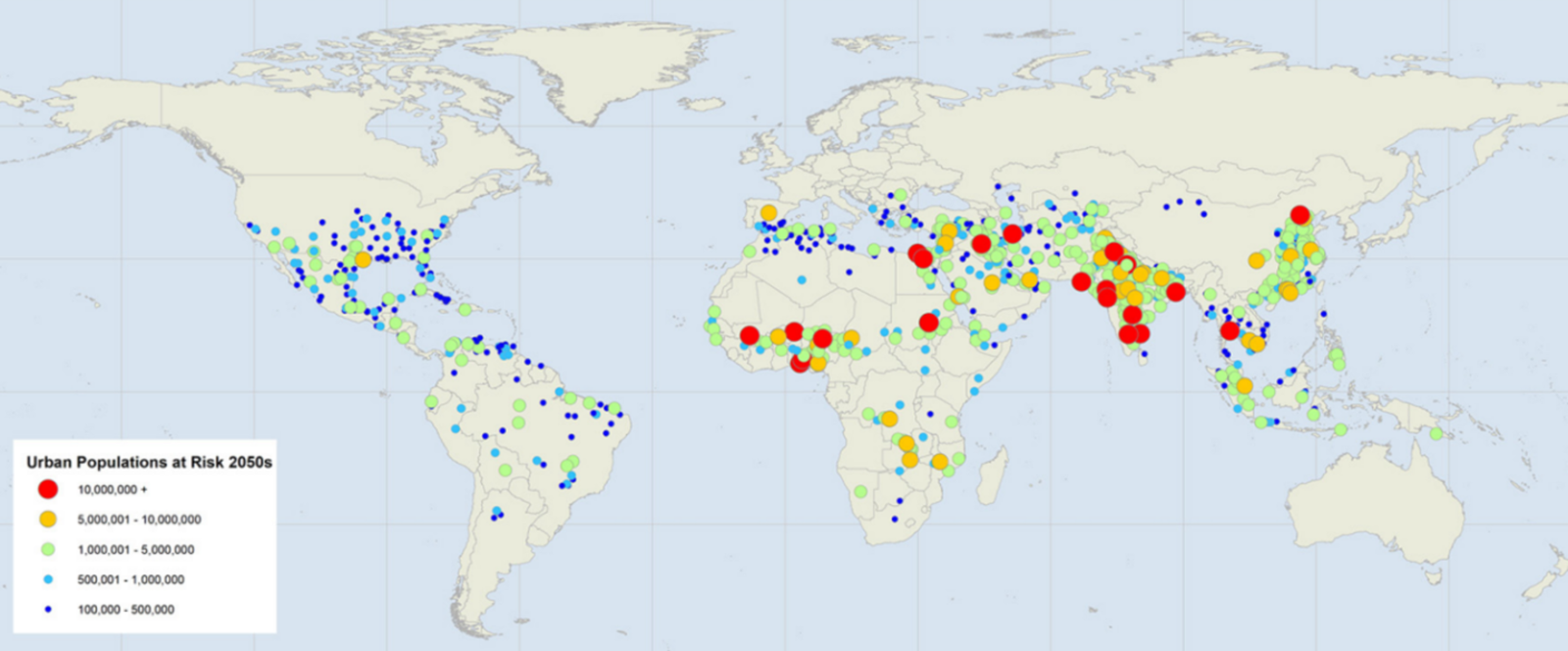 Mapa que muestra las poblaciones que estarían en riesgo por temperaturas extremas en la década de 2050