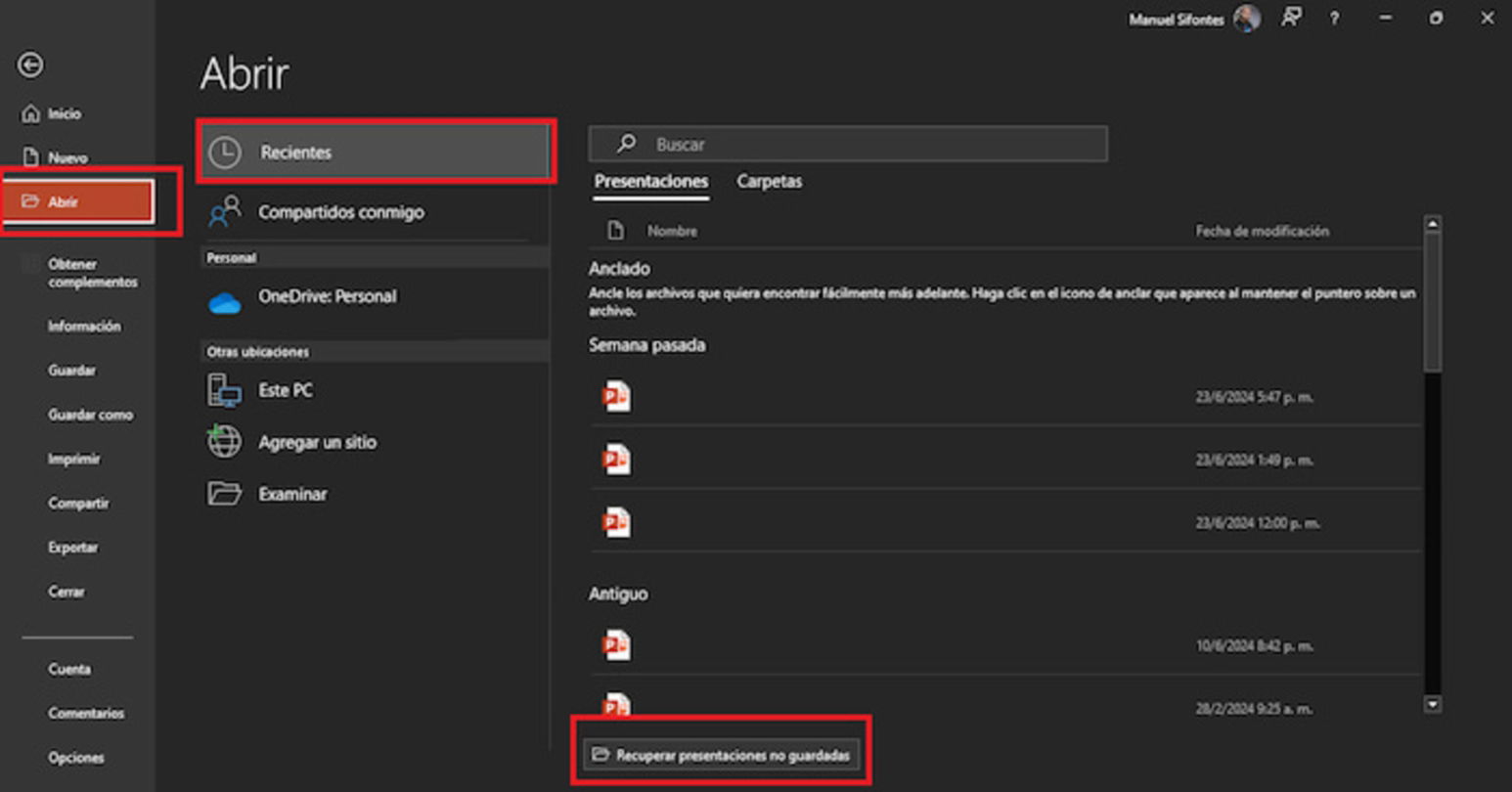 PowerPoint cuenta con una función para recuperar presentaciones sin guardar