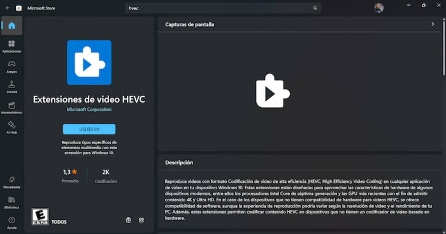 Puedes descargar gratuitamente, o comprar, el códec HVEC en tu PC con Windows