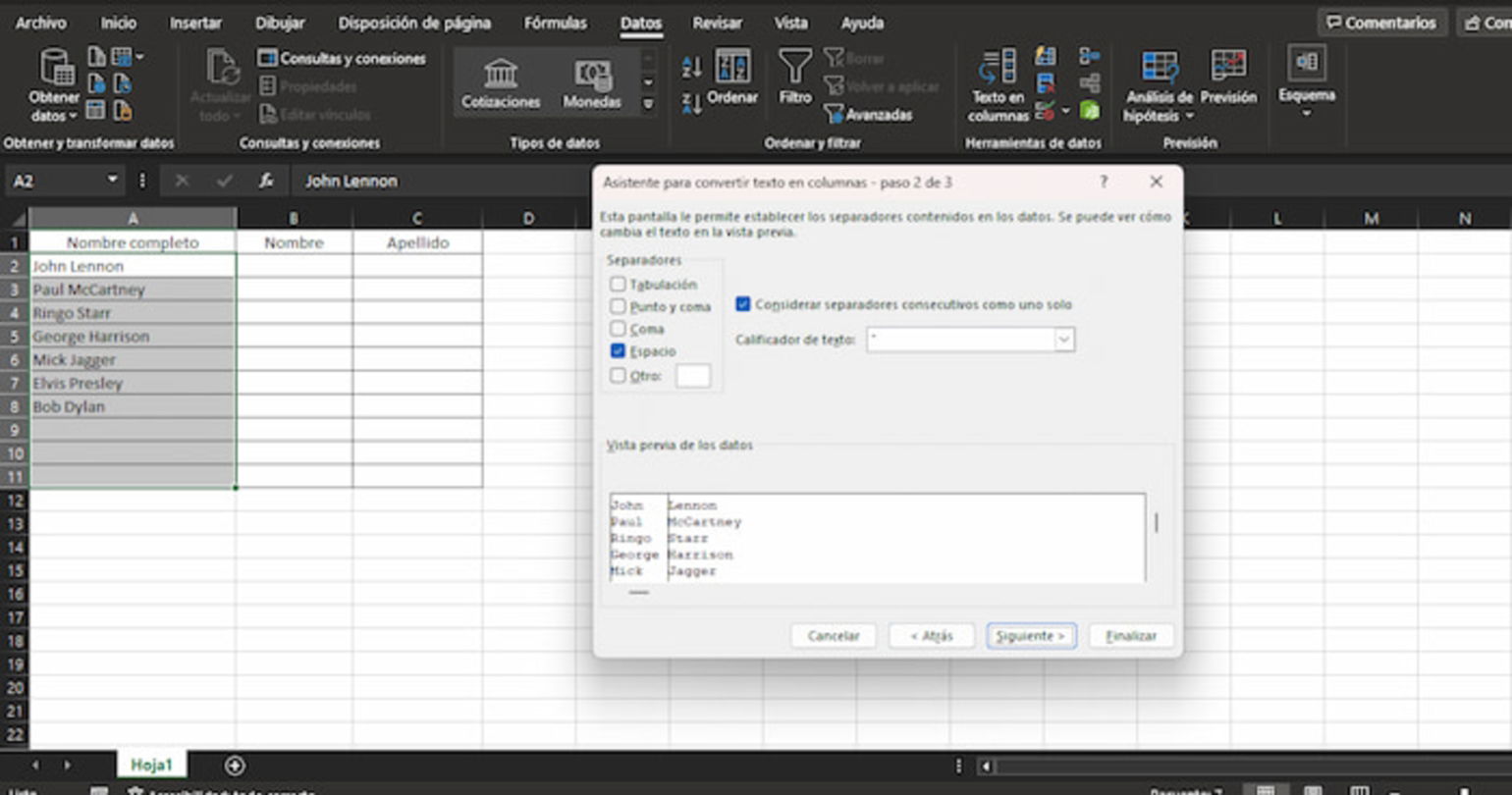 Esta herramienta de Excel te permitirá separar el texto en las columnas, por lo que es una estupenda forma de separar el nombre y apellido