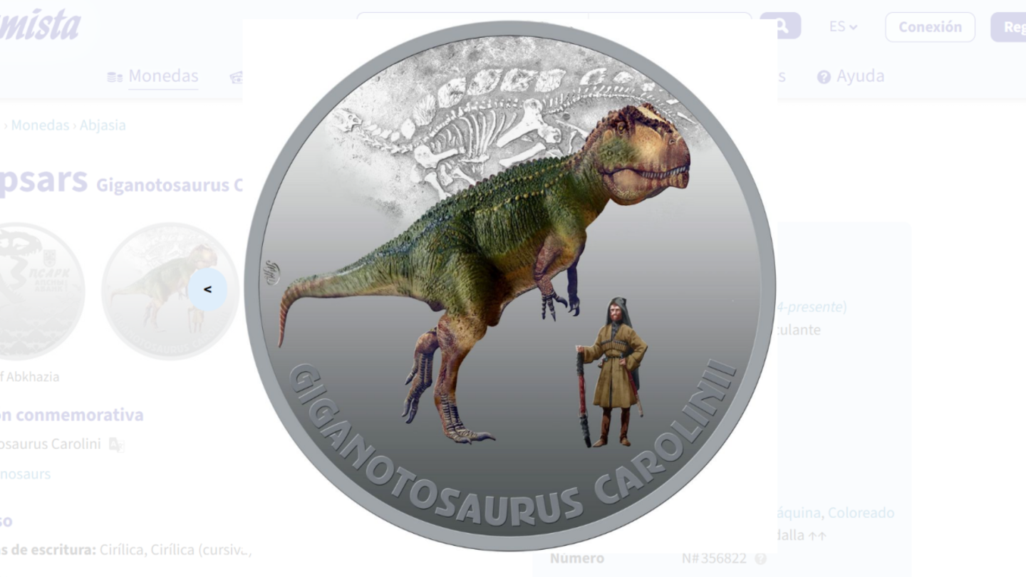 Imagen de la moneda donde se muestra el Giganotosaurus Carolini