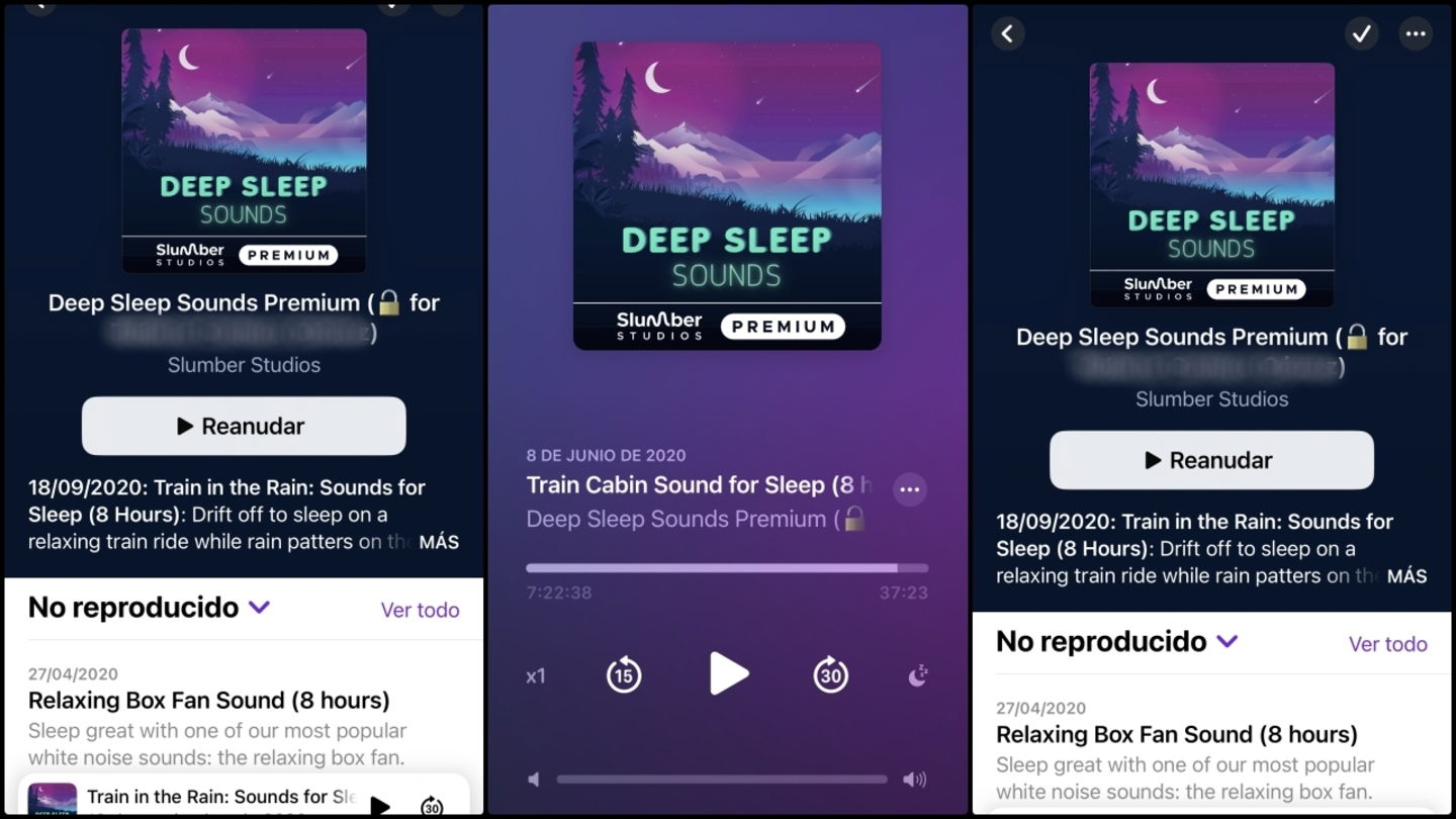 Utilizo Apple Podcasts para reproducir los sonidos de la suscripción de Slumber Studios