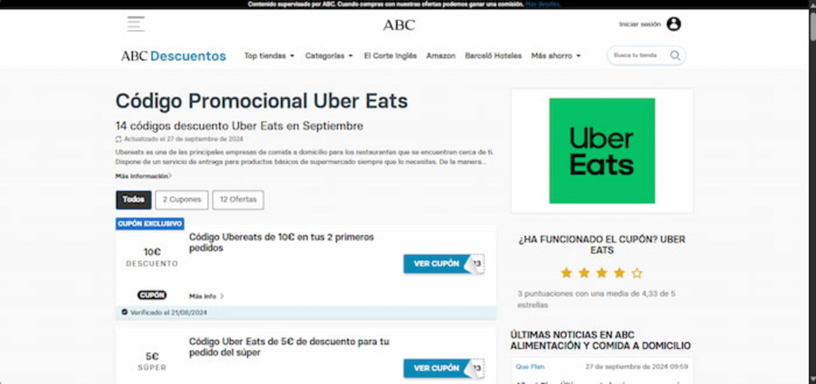 ABC Descuentos ofrece cupones y promociones con las que podrás ahorrar dinero en Uber Eats