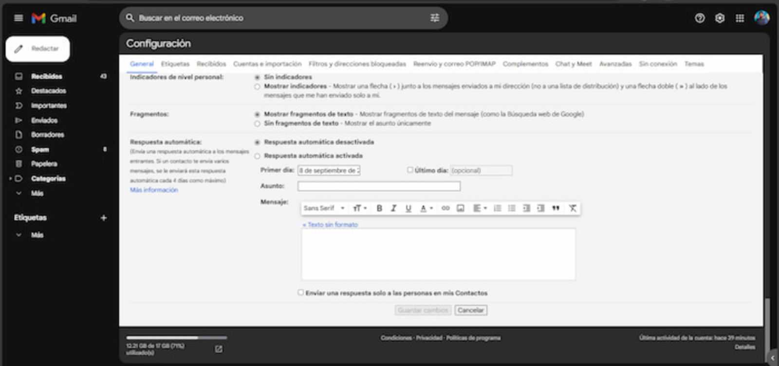 Configurar las respuestas automáticas en la web de Gmail es muy fácil