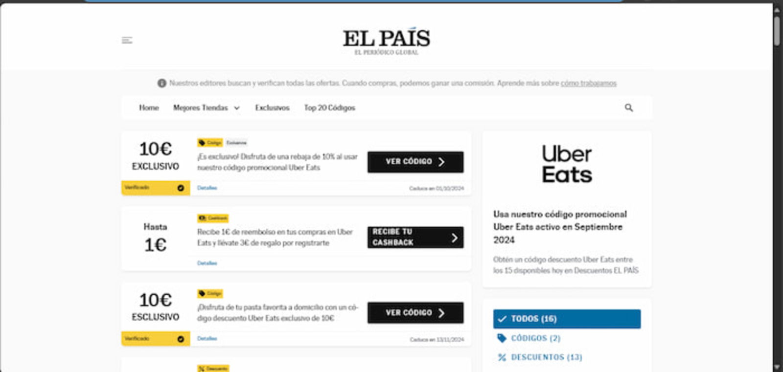 El PAÍS también cuenta con una sección de descuentos y códigos promocionales para Uber Eats