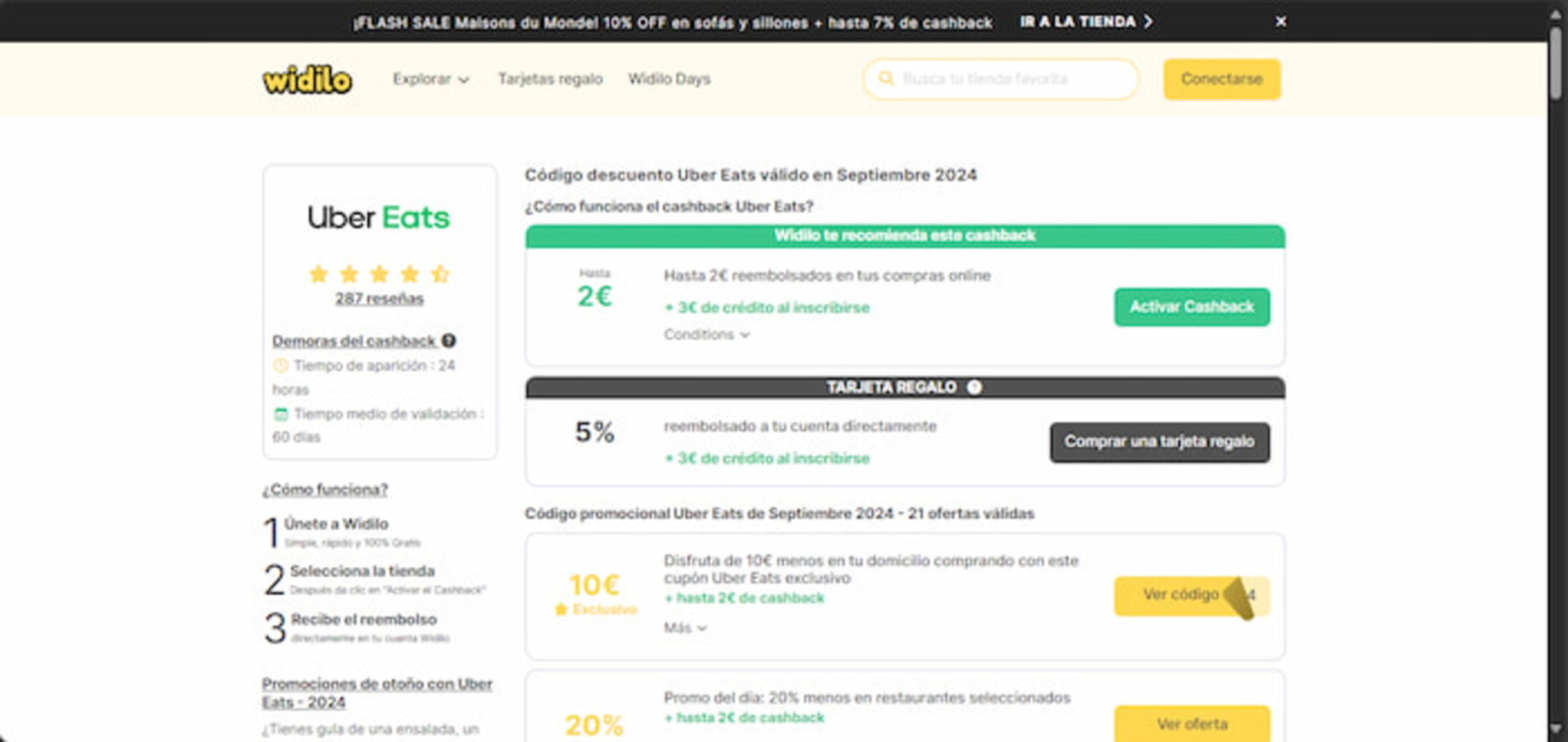 La web de Widilo también recopila cupones de descuento y promociones especiales de Uber Eats, pero también ofrece otros beneficios interesantes