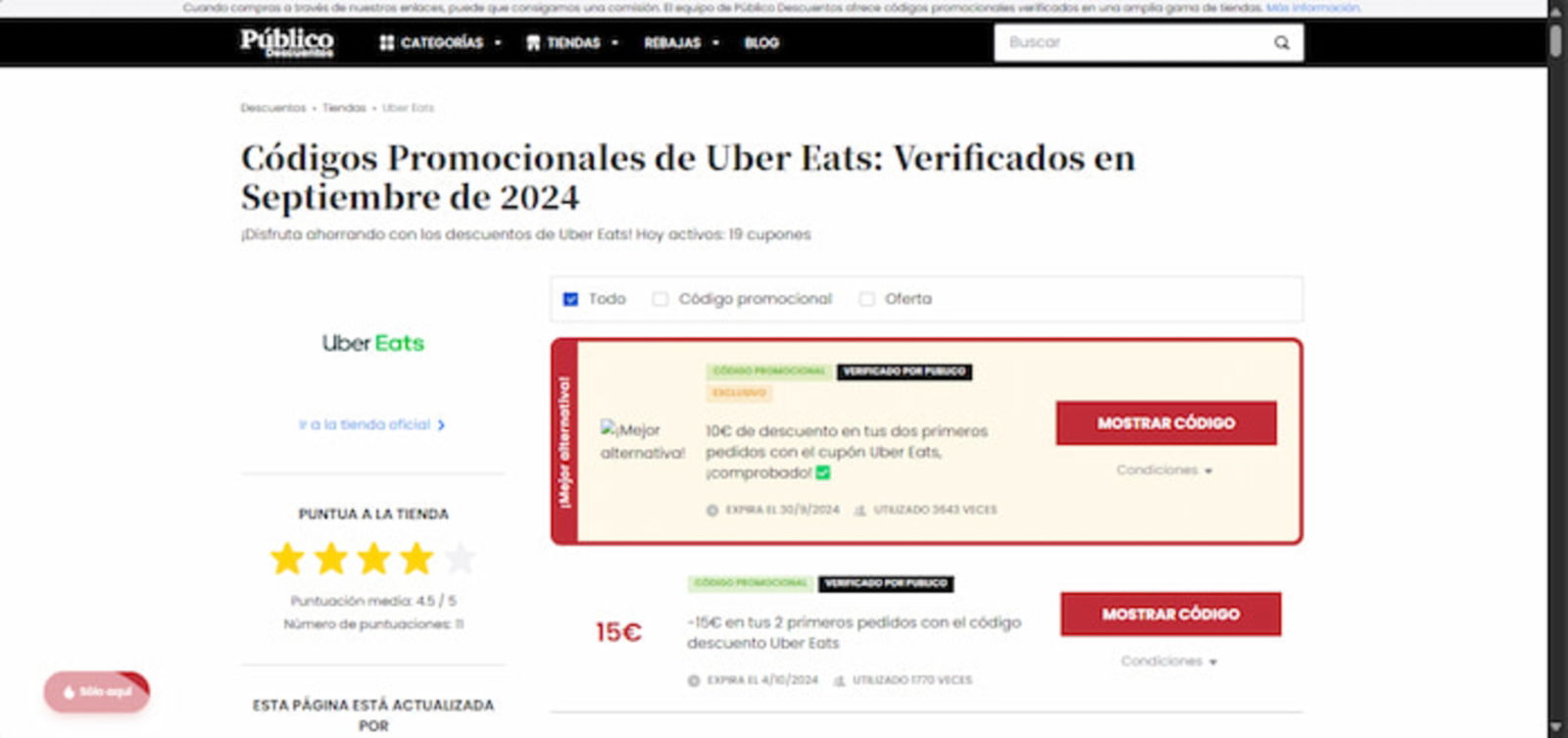 Público cuenta con un montón de códigos exclusivos y promociones para ahorrar dinero al comprar en Uber Eats