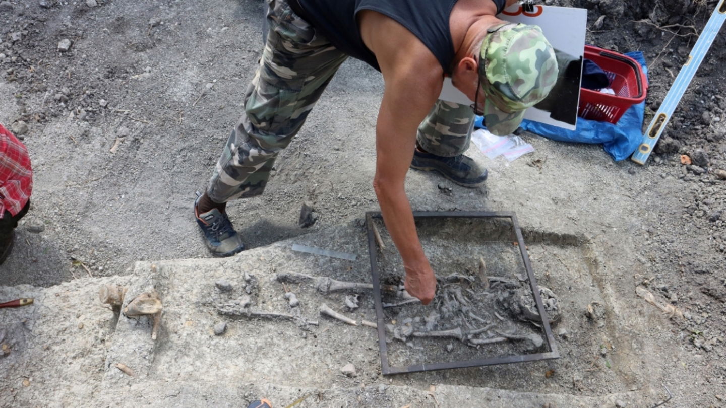 Un miembro del equipo arqueológico estudiando la tumba del niño vampiro