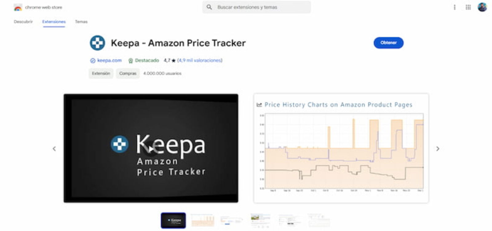 Keepa es una de las extensiones más conocidas para visualizar el histórico de precios de un producto en Amazon