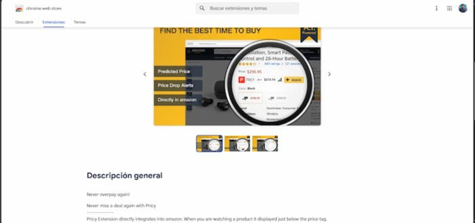 Pricy es una extensión diseñada para ayudarte a encontrar ofertas y a indicarte cuándo es el mejor momento para comprar un producto