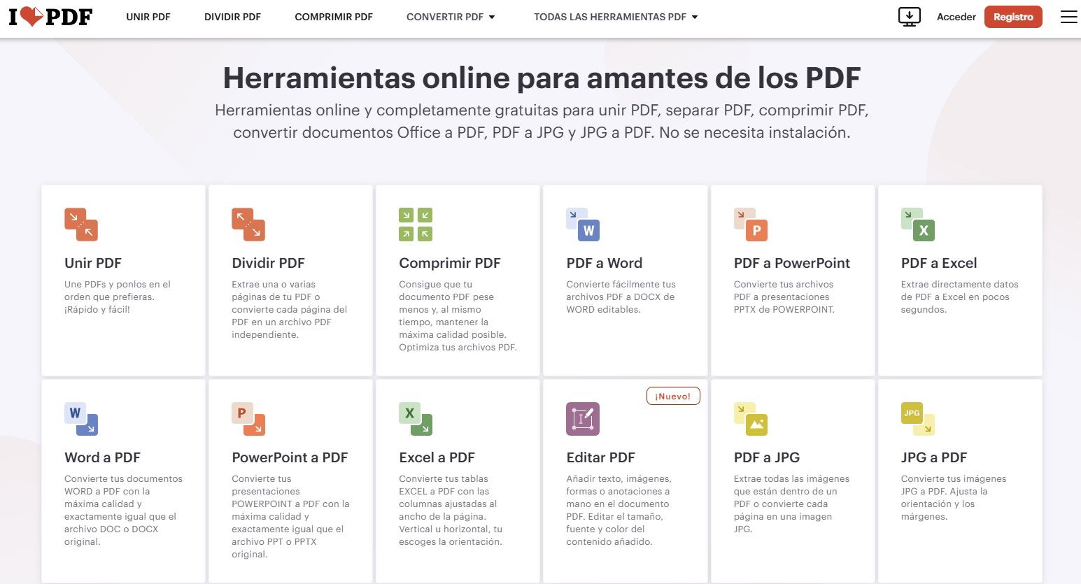 Pantalla inicio iLovePDF