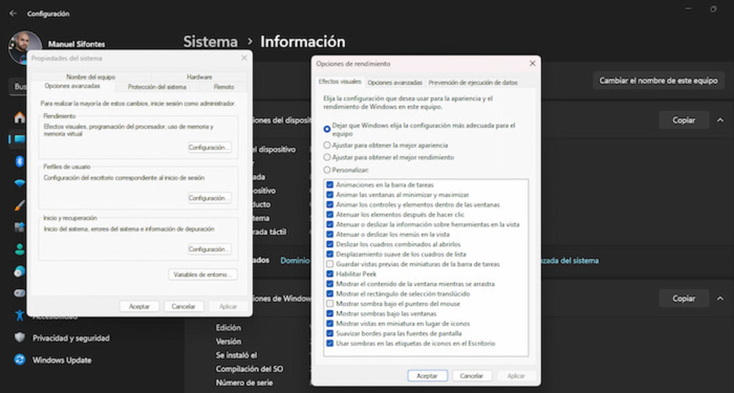 Puedes desactivar también efectos de animación y transparencia en Windows 11