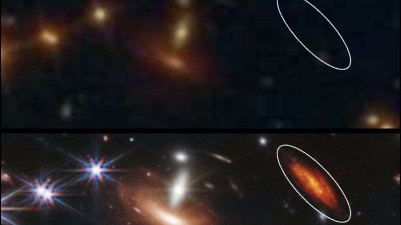 Comparación entre las observaciones del telescopio Hubble, arriba, con el James Webb, debajo, donde se percibe una galaxia UFO enmarcada en un círculo