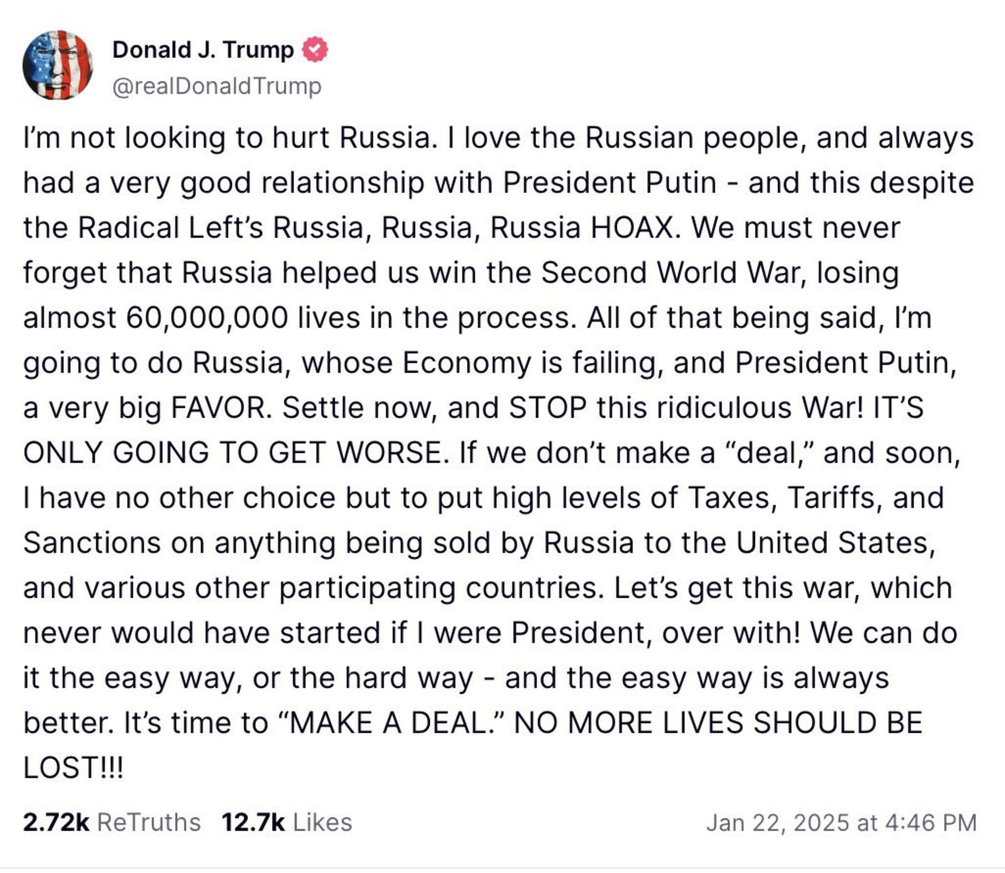 Donald Trump, empresario y presidente de Estados Unidos, contundente sobre Rusia: "Nadie debería olvidar cómo nos ayudó a ganar la Segunda Guerra Mundial"