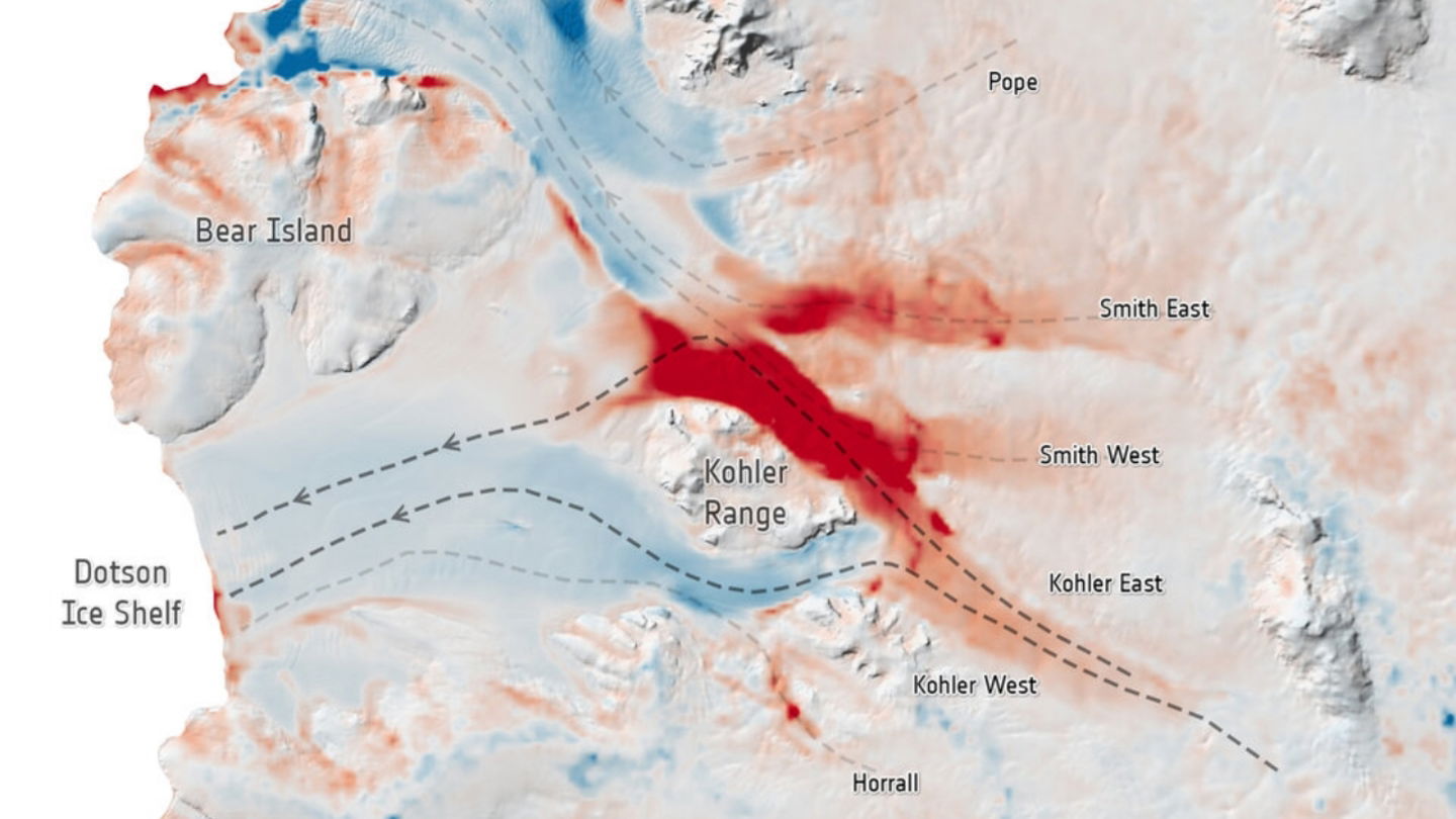 Cambio en la velocidad de los glaciares entre 2005 y 2022