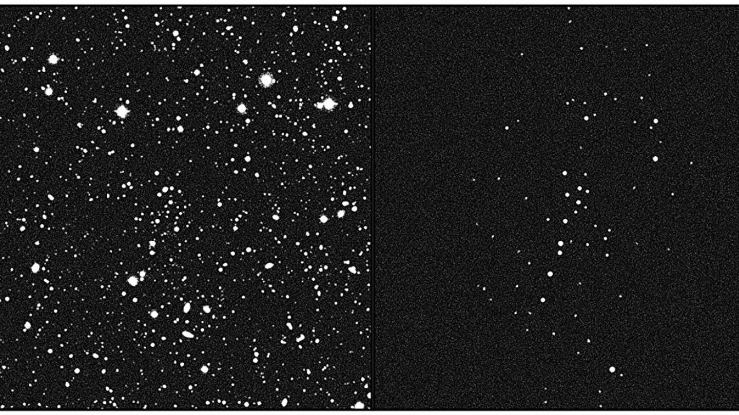 UMa3/U1, en la parte derecha, apenas es perceptible en la región del cosmos de la izquierda