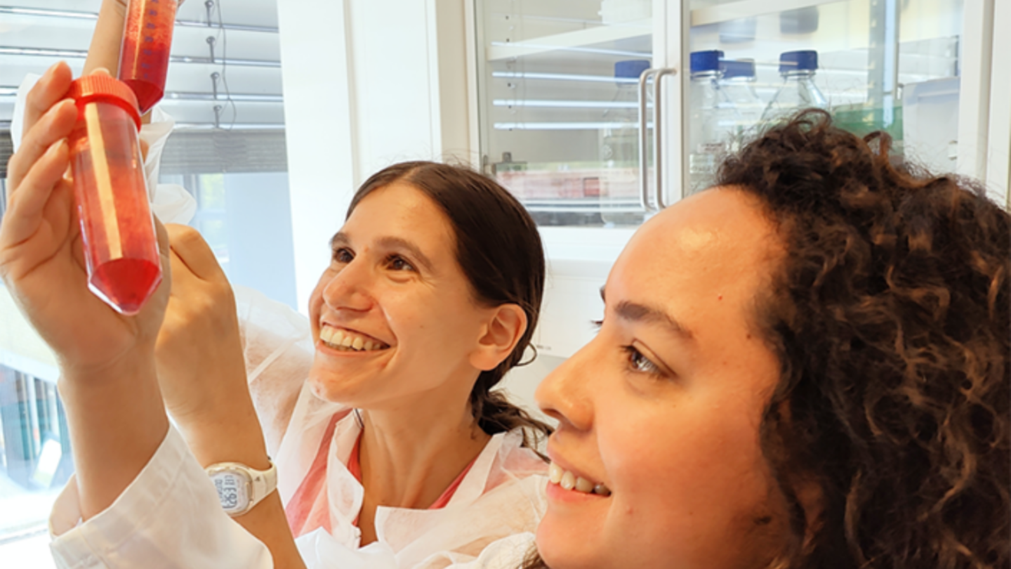 Leah Bushin y María Alvan-Vargas sostienen muestras de xantomatina en soluciones recién extraídas de bacterias