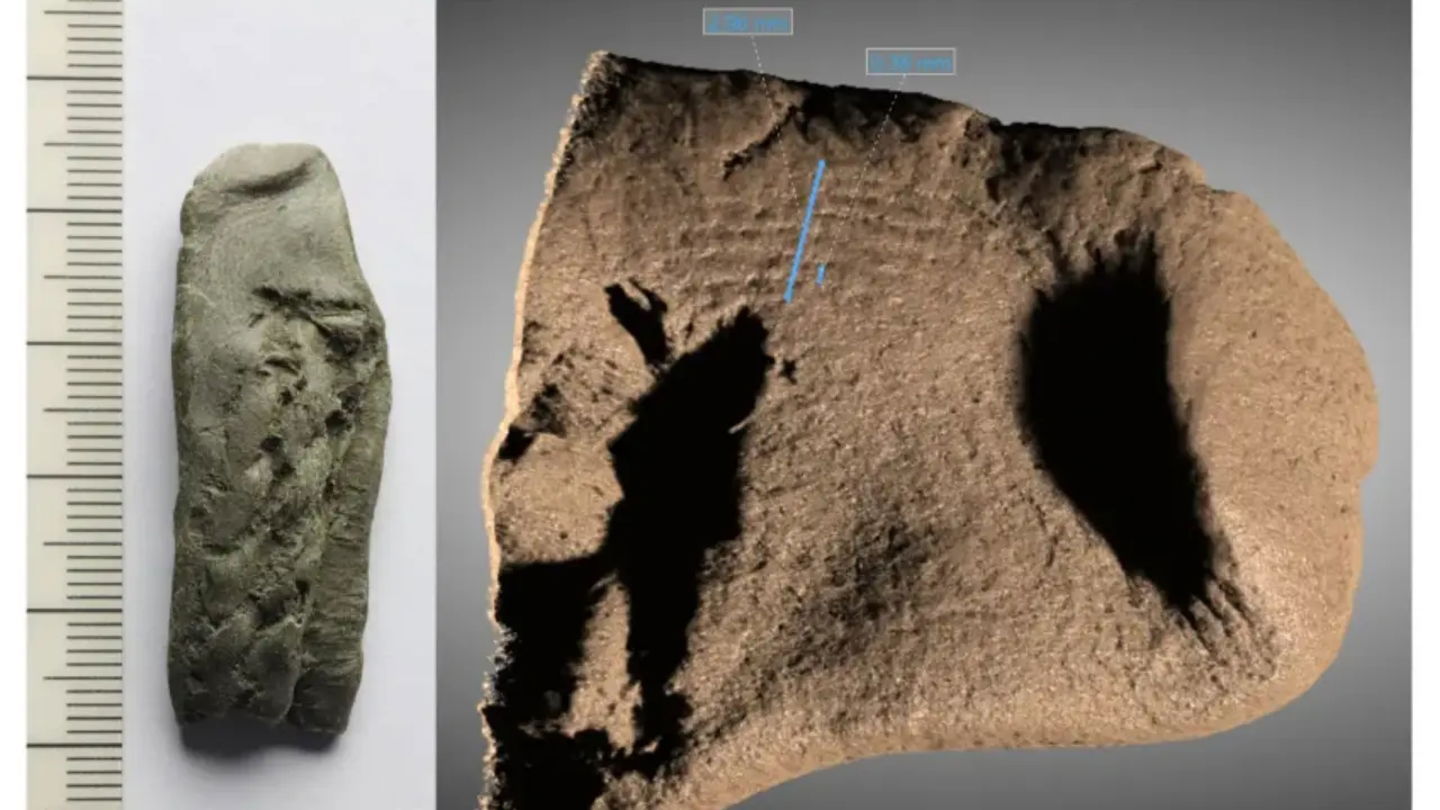 Fotografía que muestra huella dactilar, a la izquierda, y una tomografía de rayos X de alta resolución de la huella dactilar, a la derecha